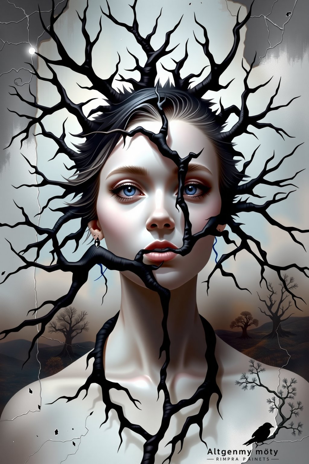 "A surreal and haunting digital painting of a woman's face seamlessly blending into an eerie,  otherworldly landscape. Her...