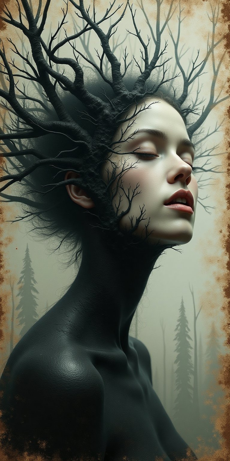 "A surreal and haunting digital painting of a woman's face seamlessly blending into an eerie,  otherworldly landscape. Her...