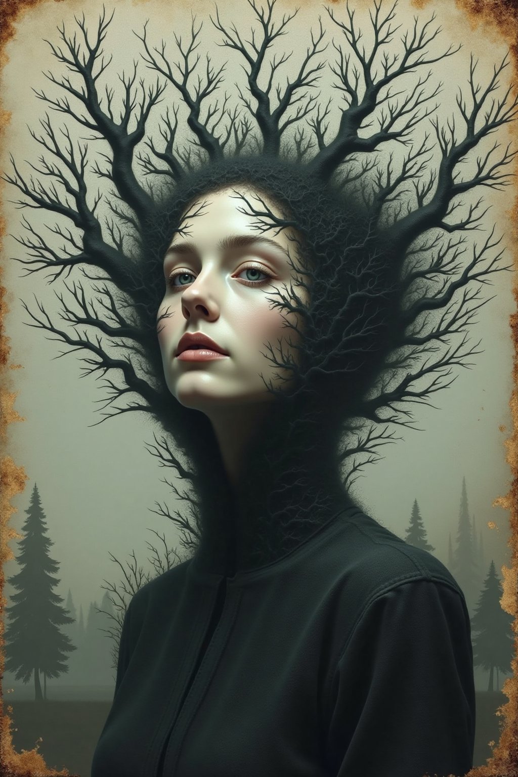 "A surreal and haunting digital painting of a woman's face seamlessly blending into an eerie,  otherworldly landscape. Her...