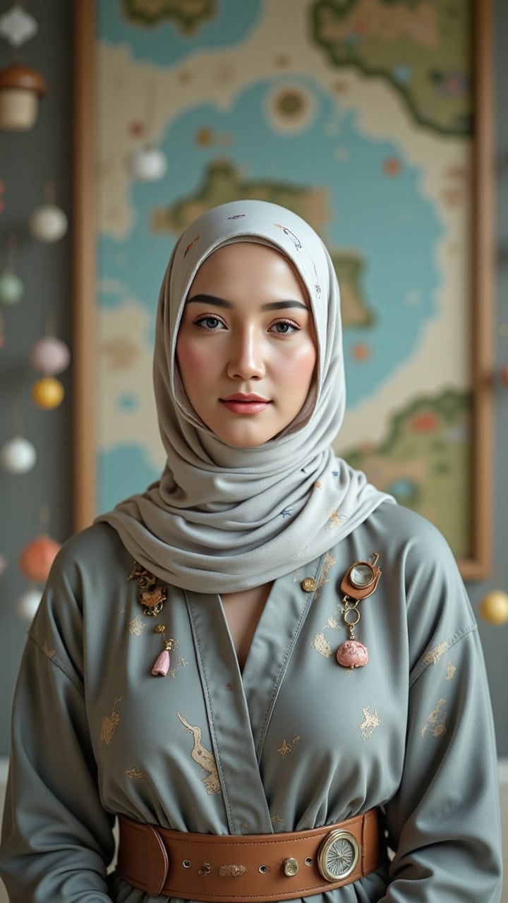 She gazes directly ahead with a quiet smile. Her cloud‑white hijab is stitched with sky‑map constellations and tiny golden...