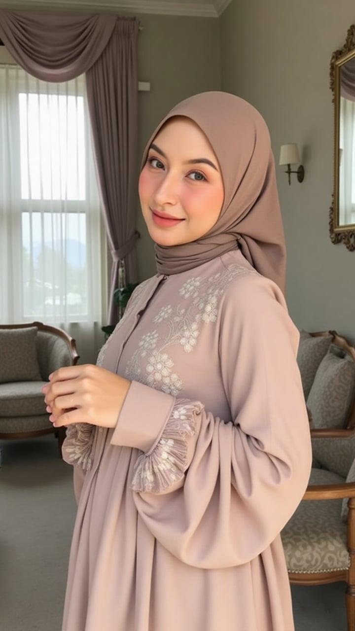 A hijabi woman with a graceful expression stands in a classic-style room. She wears a pastel-colored gown with beautiful l...