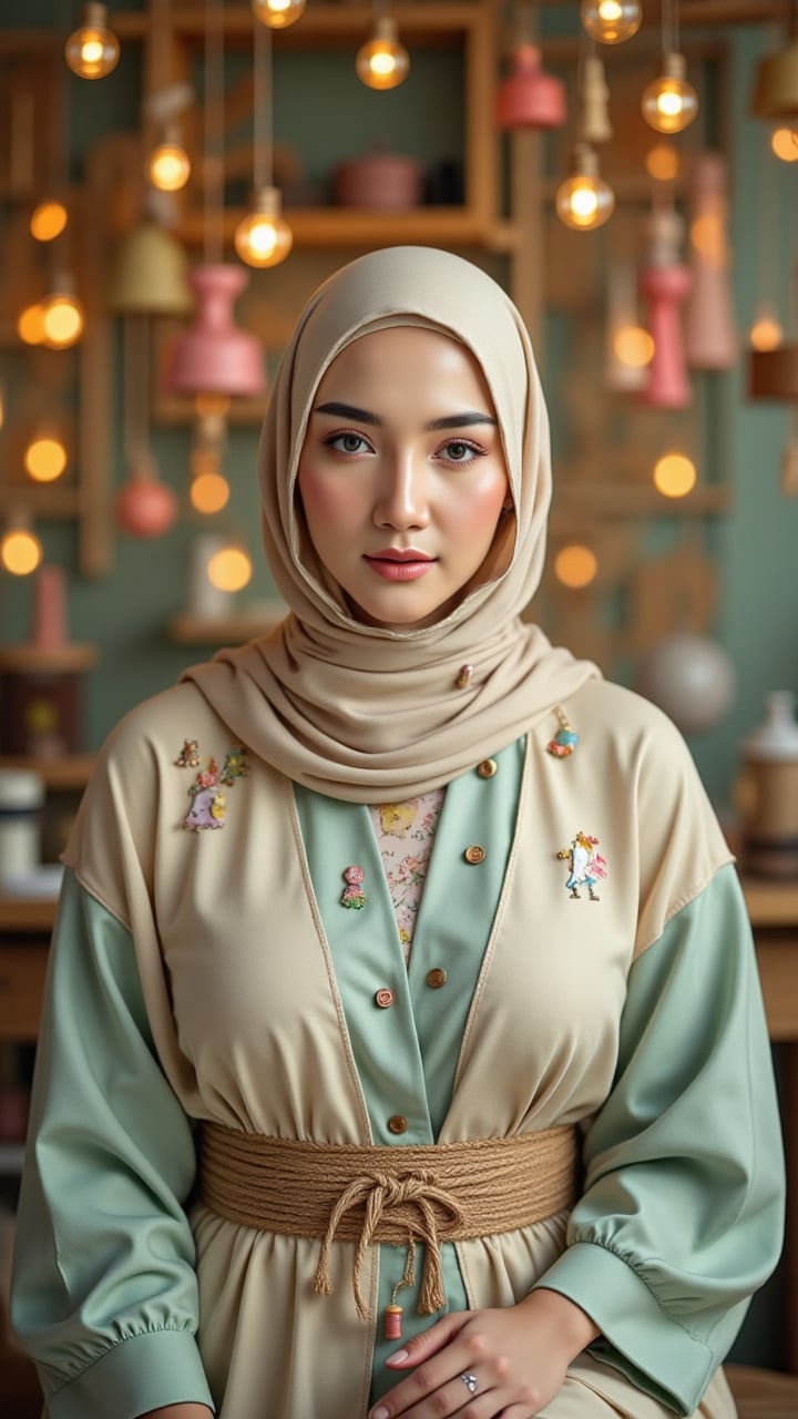 She faces the viewer,  fingers gently intertwined at her lap. Her soft buttercream hijab is detailed with thread‑spool mot...