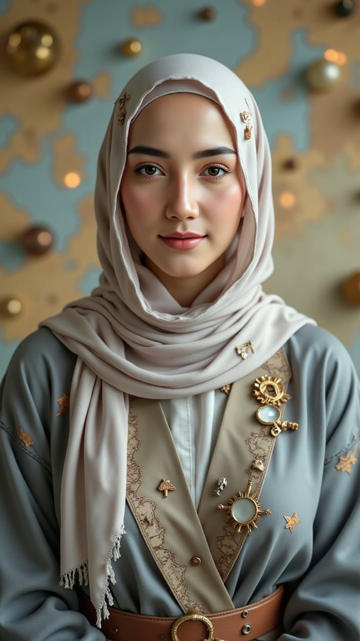 She gazes directly ahead with a quiet smile. Her cloud‑white hijab is stitched with sky‑map constellations and tiny golden...