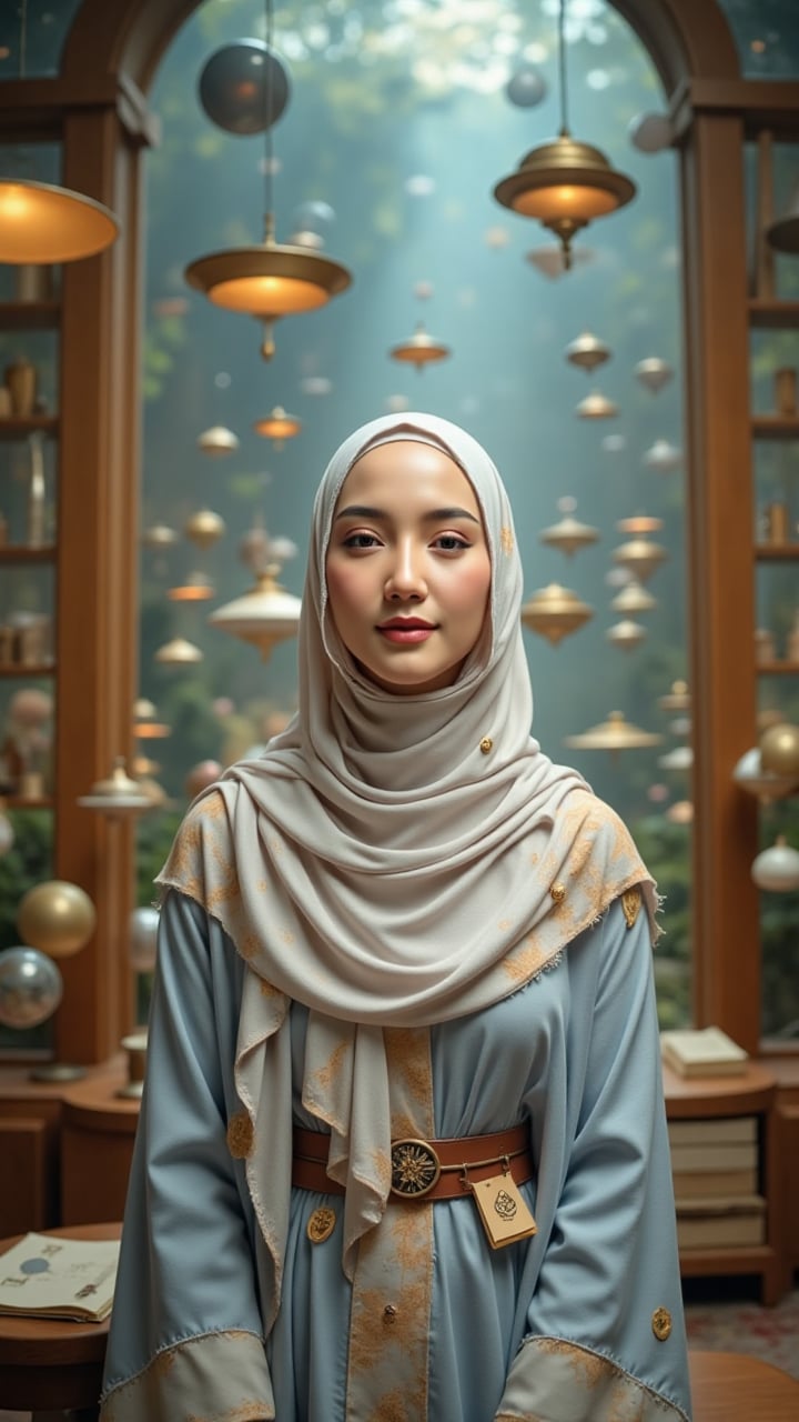 She gazes directly ahead with a quiet smile. Her cloud‑white hijab is stitched with sky‑map constellations and tiny golden...