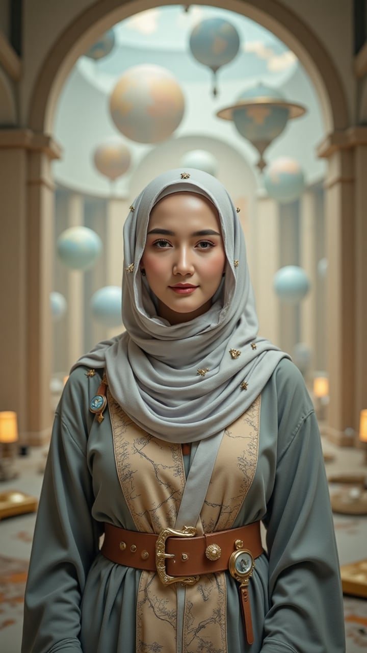 She gazes directly ahead with a quiet smile. Her cloud‑white hijab is stitched with sky‑map constellations and tiny golden...