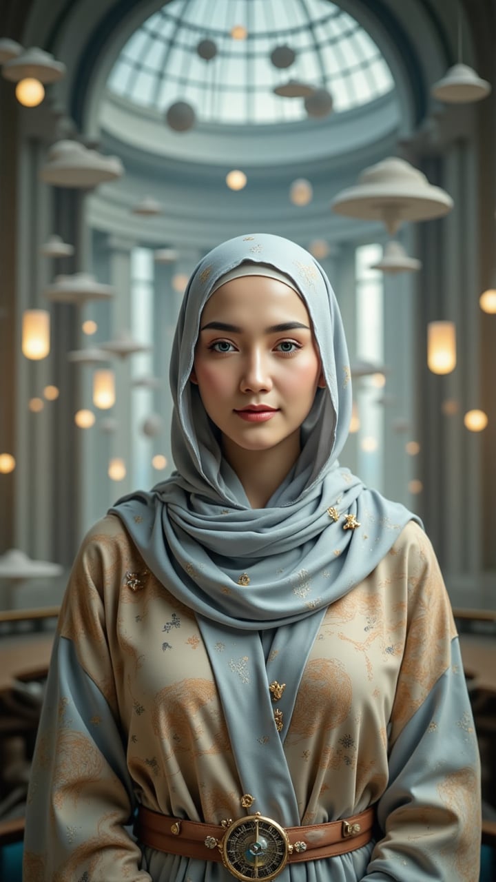 She gazes directly ahead with a quiet smile. Her cloud‑white hijab is stitched with sky‑map constellations and tiny golden...