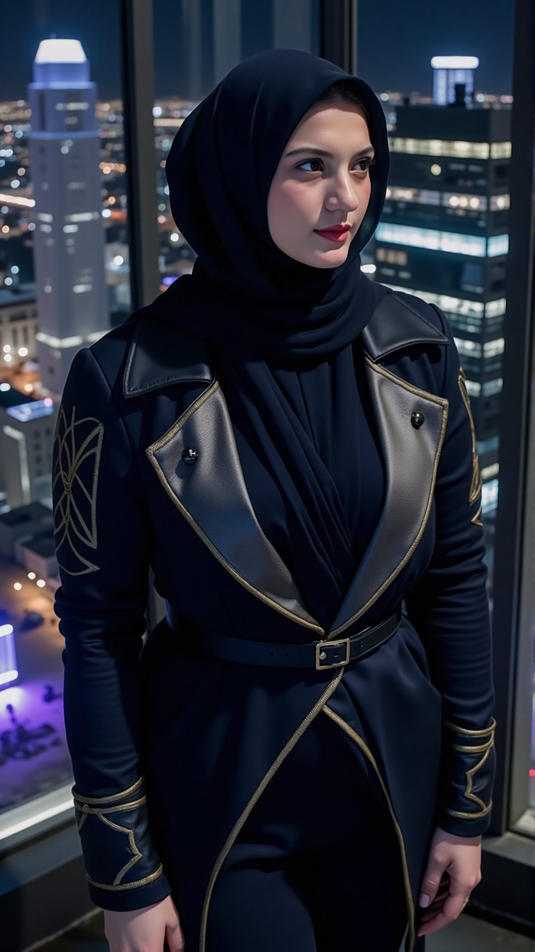 A striking woman in a midnight navy hijab,  wrapped in a sculptural drape that extends into a delicate,  embroidered veil...