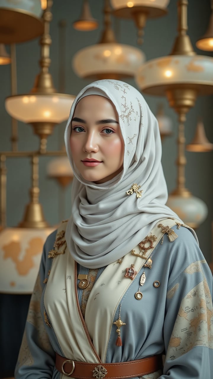 She gazes directly ahead with a quiet smile. Her cloud‑white hijab is stitched with sky‑map constellations and tiny golden...