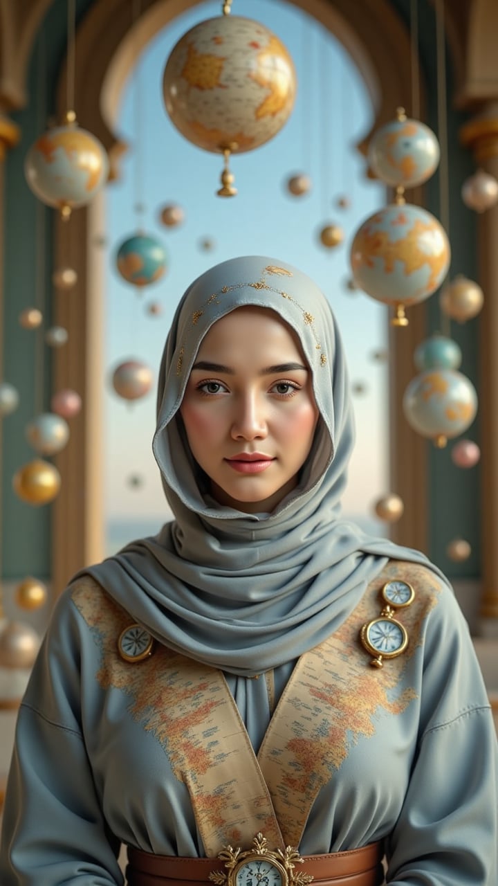 She gazes directly ahead with a quiet smile. Her cloud‑white hijab is stitched with sky‑map constellations and tiny golden...