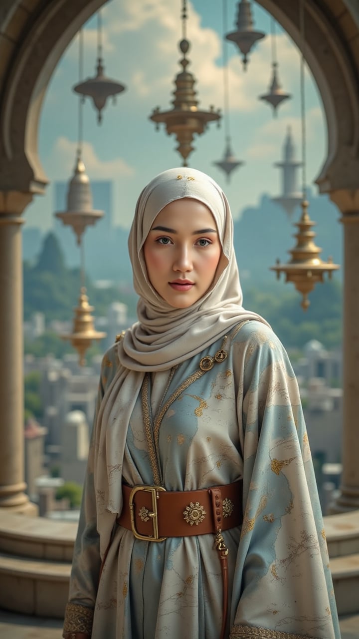 She gazes directly ahead with a quiet smile. Her cloud‑white hijab is stitched with sky‑map constellations and tiny golden...