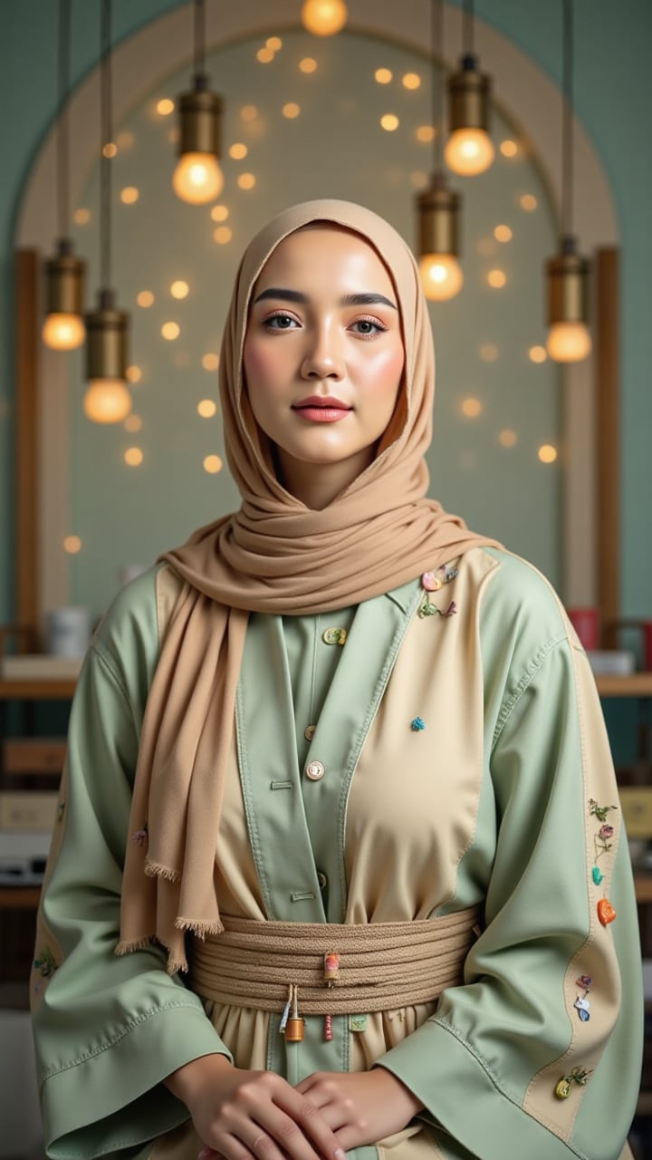 She faces the viewer,  fingers gently intertwined at her lap. Her soft buttercream hijab is detailed with thread‑spool mot...