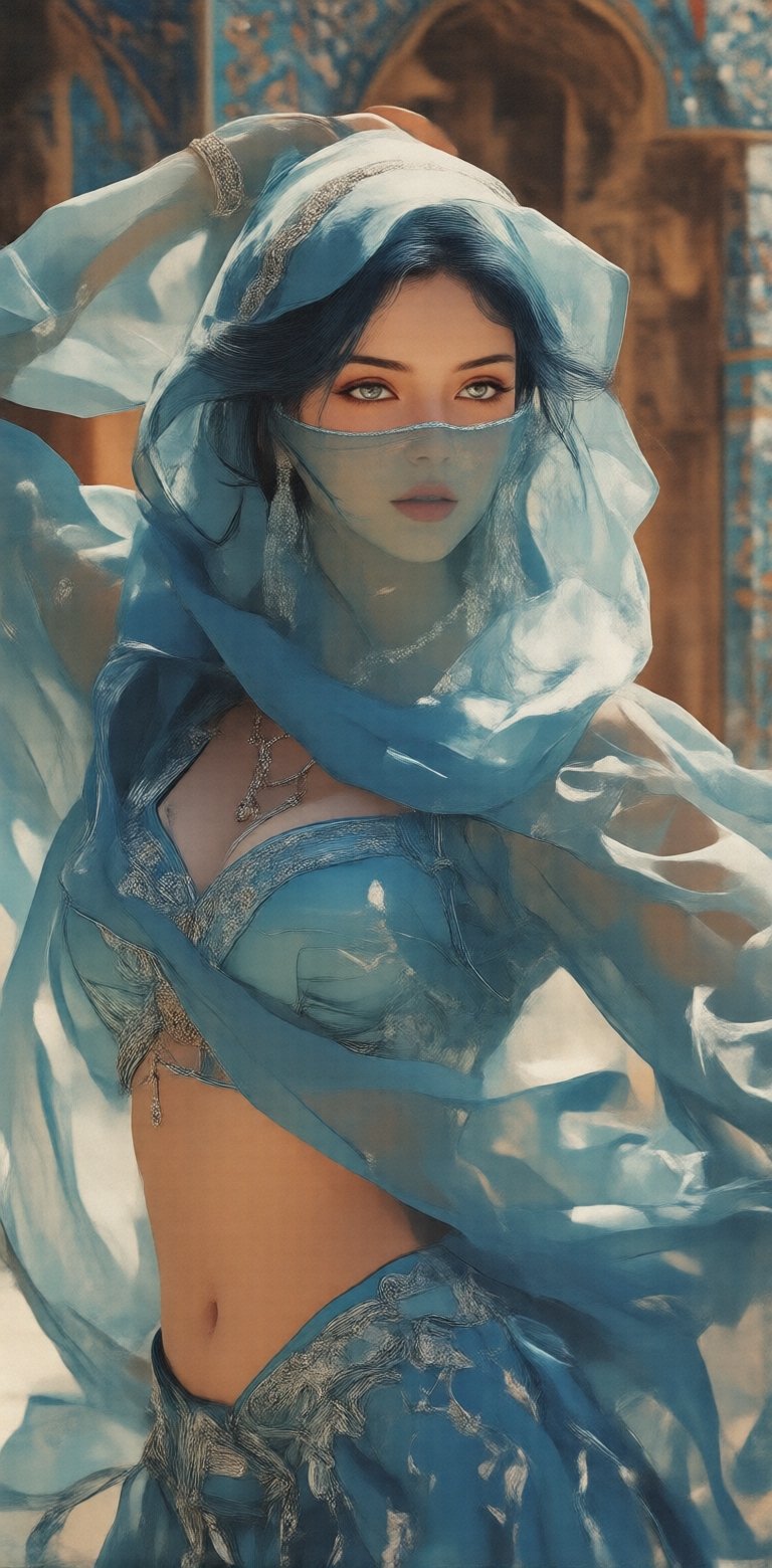 a graceful arabian dancer in elegant blue attire,  her face partially covered by a veil revealing only her eyes,  mid-moti...