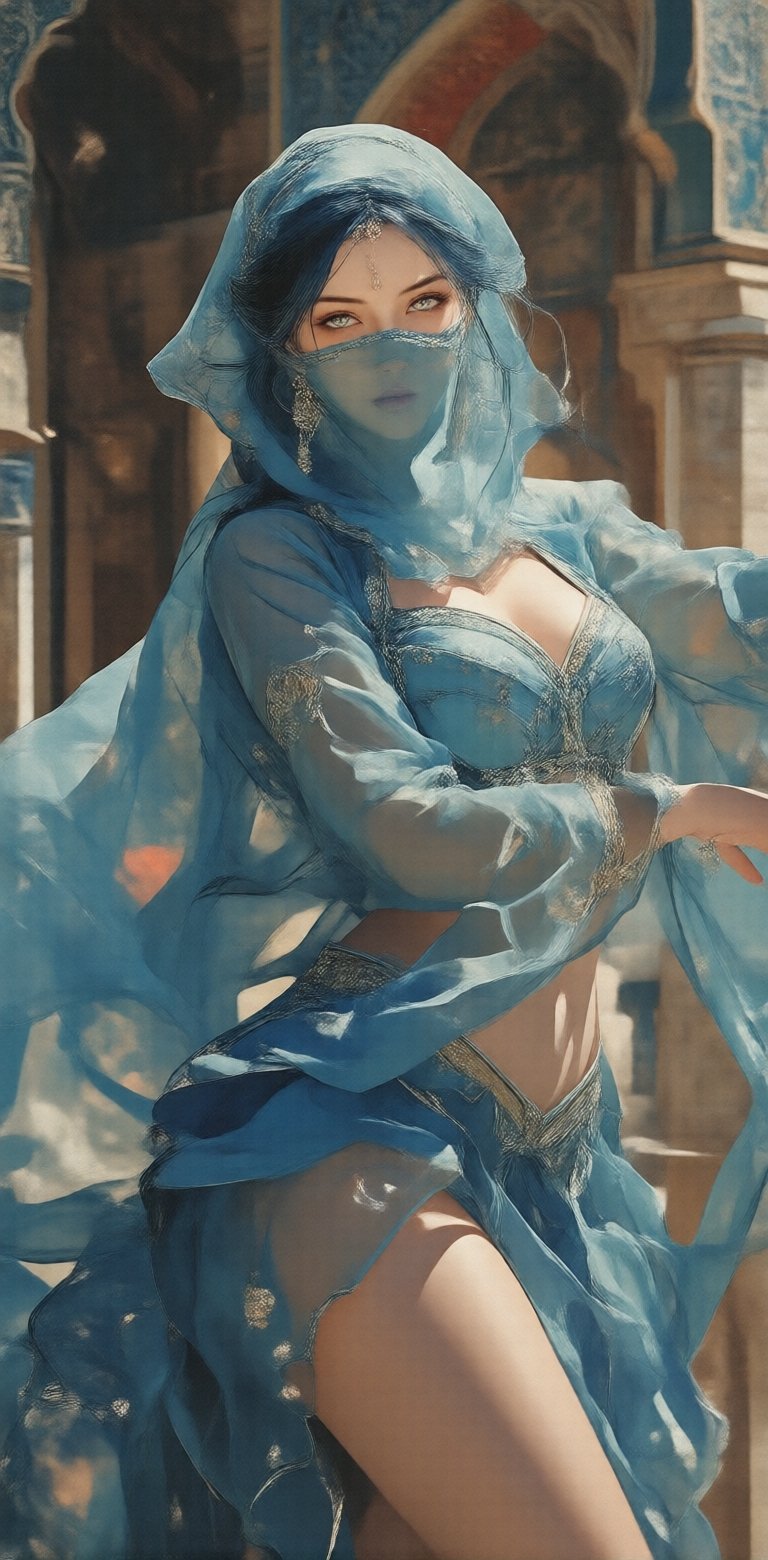 a graceful arabian dancer in elegant blue attire,  her face partially covered by a veil revealing only her eyes,  mid-moti...