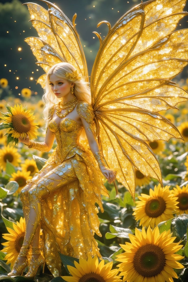 the most beautiful yellow sunflower fairy in translucent yellow sunflower clothing made with sunflower leaves ,  gorgeous...