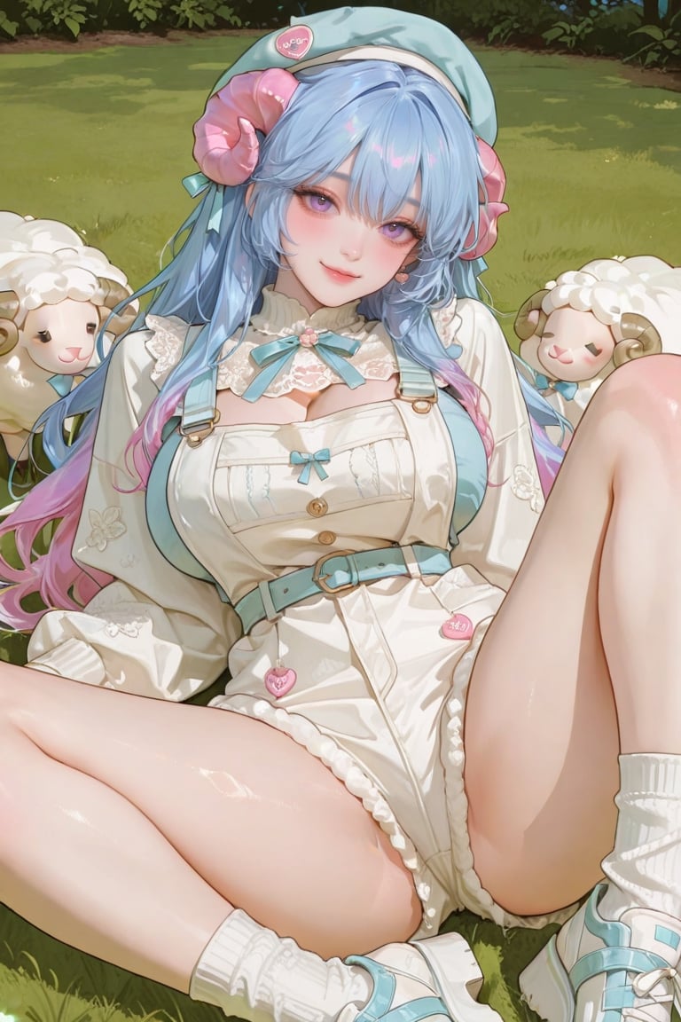 A young woman with waist-length blue hair,  pink tips ((Blue hair with pink ends)),  purple eyes by 胖忍 on Tensor.Art