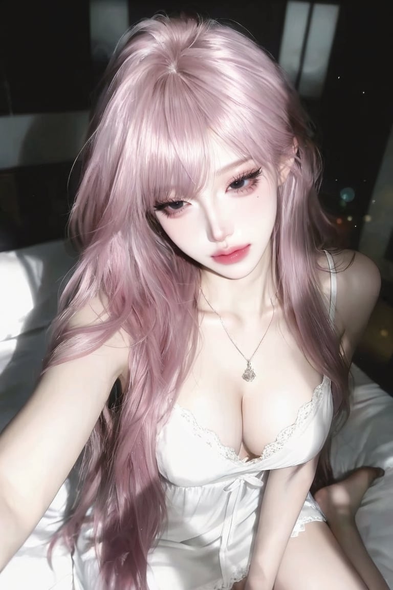 A beautiful middle-aged woman with long,  curly pink hair,  cut in a Japanese layered style (emphasis on layers). Her hair...
