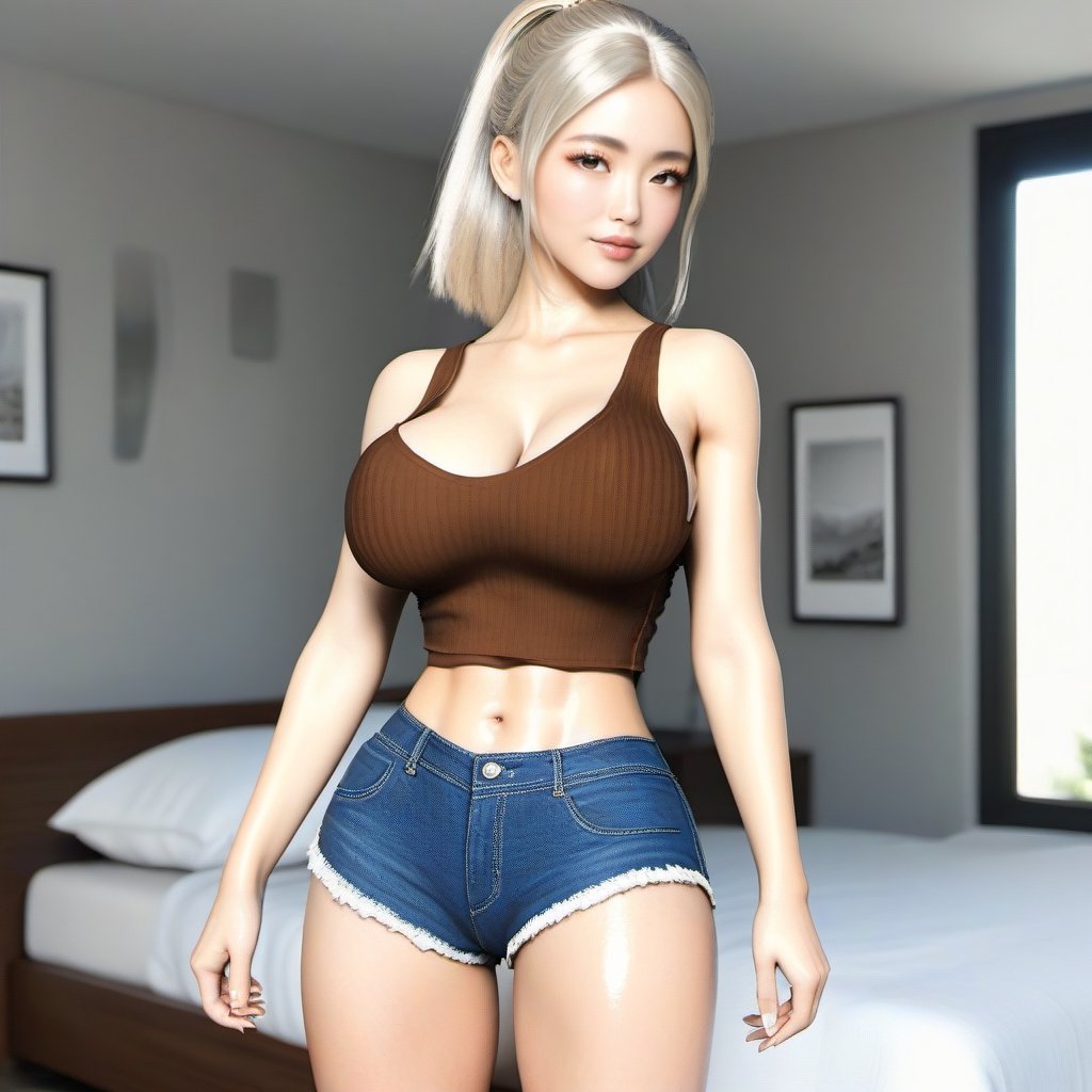 Posing in the bedroom,  a stunning Asian schoolgirl stands poised outside in front of a large bed,  her slender petite fra...