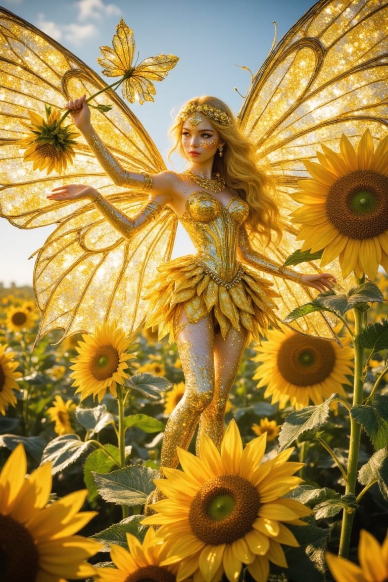 the most beautiful yellow sunflower fairy in translucent yellow sunflower clothing made with sunflower leaves ,  gorgeous...
