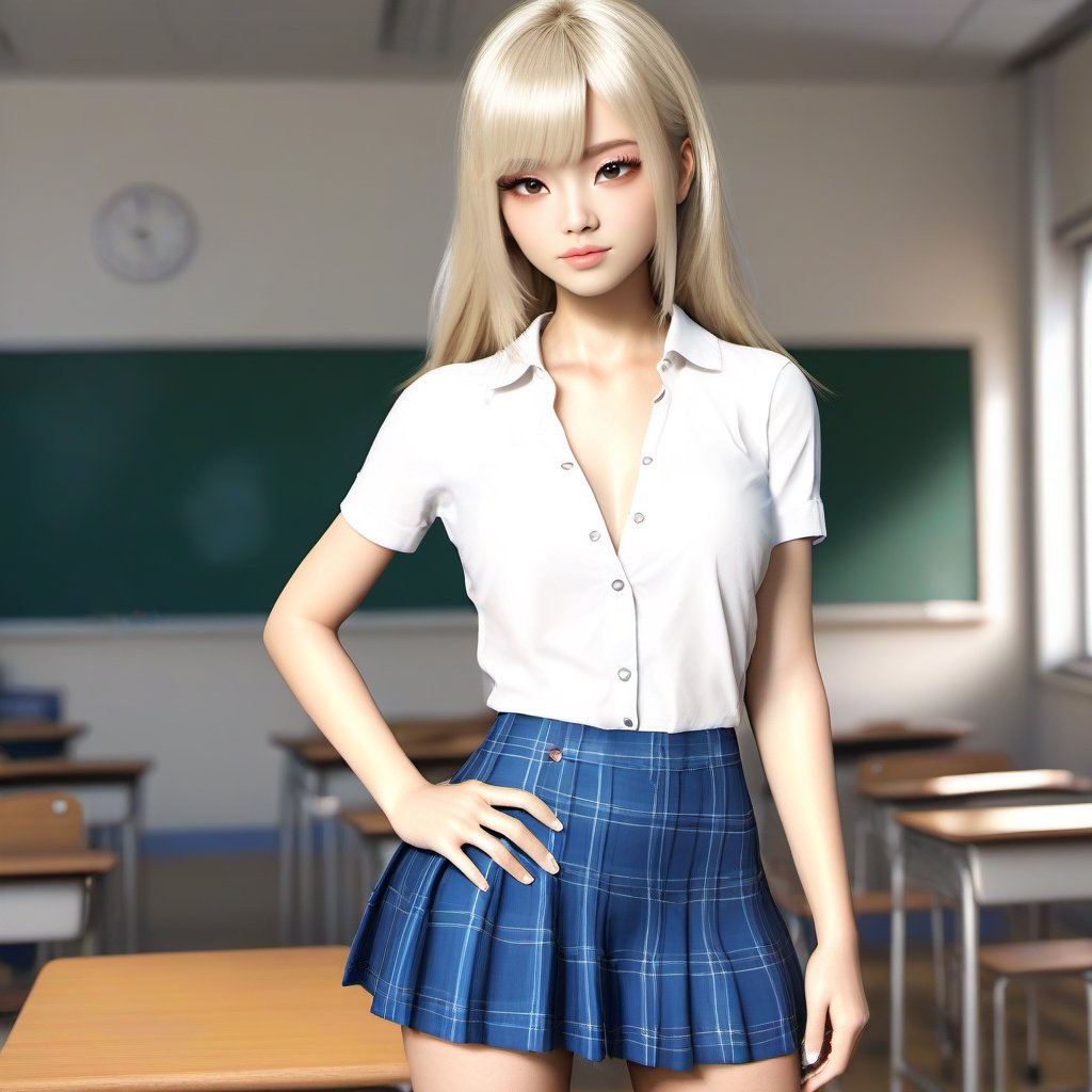 Golden Hour Glow: A stunning platinum blonde (((Asian))) teenager,  dressed for school wearing a whote polo shirt and blue...