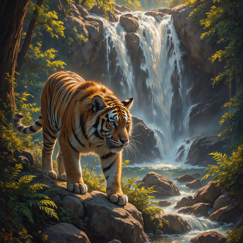 Medium-sized male tiger,  fur glistening with defined lines and hues,  poised to pounce on prey beneath a cascading waterf...