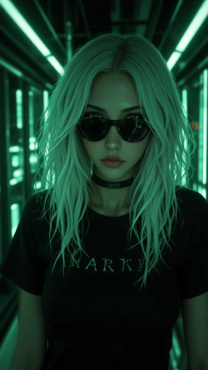 a realistic photographic image of a woman with white hair wearing a black t-shirt,  in the style of the matrix,  cyberpunk...