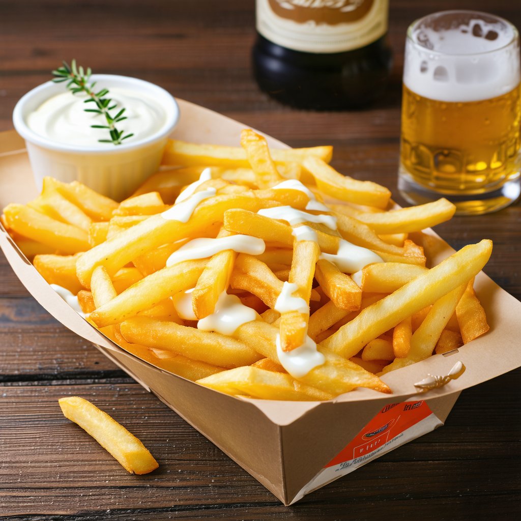 fritkot,  pack of Belgian fries with mayonnaise with belgian beer by Patrix on Tensor.Art