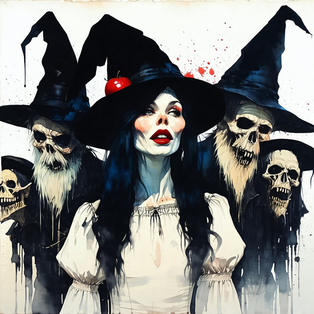 Ink splash: seven (7) dwarfs as friendly zombies with pointed hats. Eerie. Snow White eating a red apple. Long black hair,...
