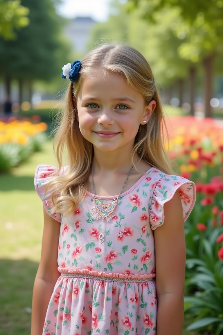 A preteen European girl with medium-length blonde hair,  wearing a lovely colorful dress and cute accessories,  stands in...