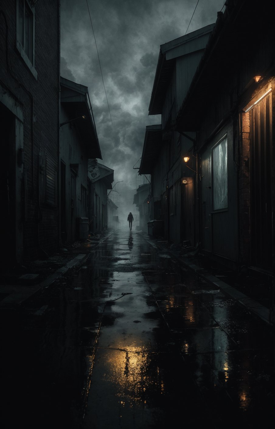 A shot from a narrow alleyway,  a dark street,  dim yellow glow from lights by user_807998917630426262 on Tensor.Art
