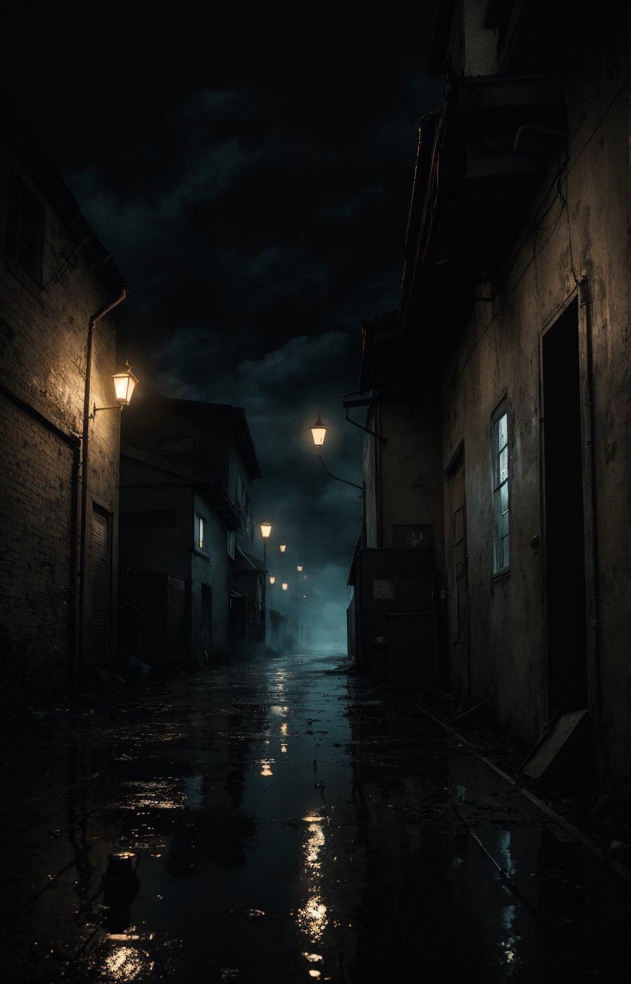 A shot from a narrow alleyway,  a dark street,  dim yellow glow from lights by user_807998917630426262 on Tensor.Art