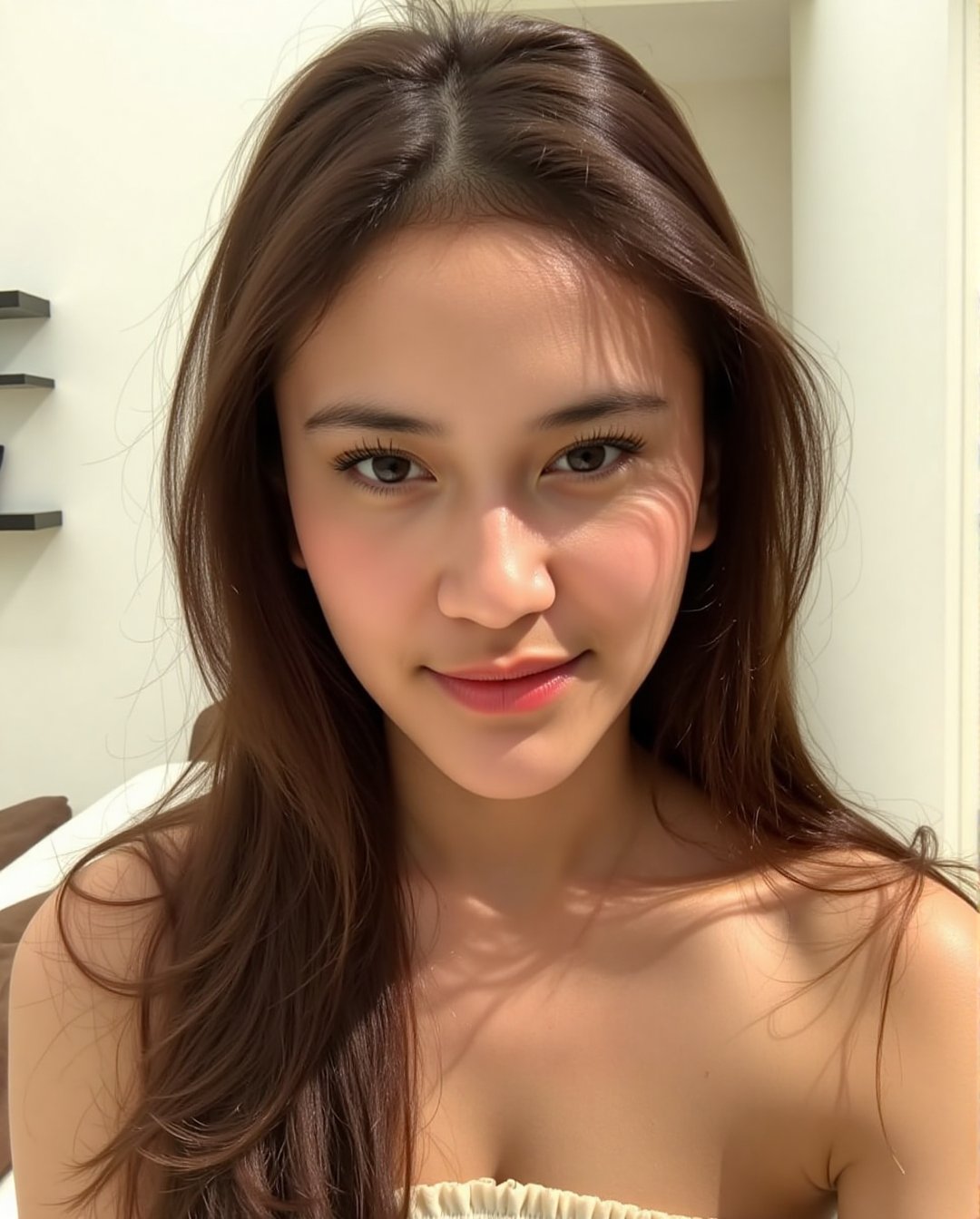 The image shows a young woman wearing a strapless top with a ruffled neckline. The background includes a white wall with a...