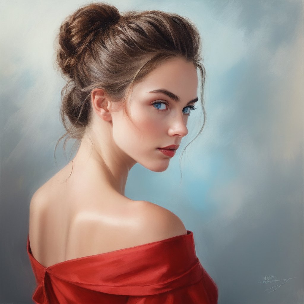 An elegant young woman with long brown hair pulled back into a messy hairstyle. She has fair skin,  expressive blue eyes a...