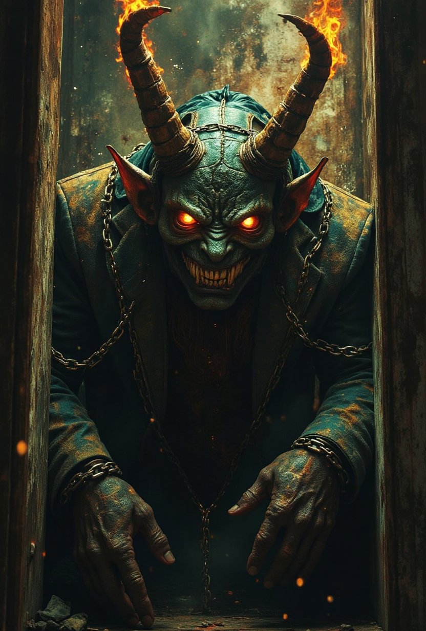 Realistic portrait of Demon imprisoned by a supernatural fortrace,  shackled with chains,  in a overly secured lether suit...