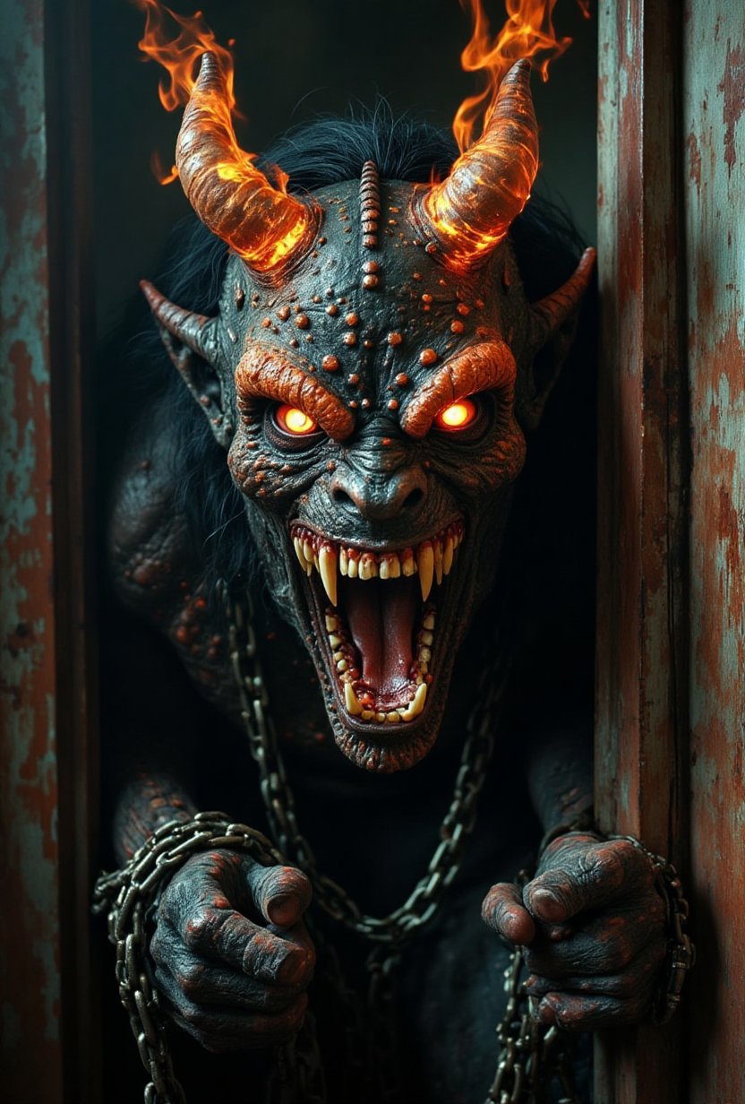 Realistic portrait of Demon imprisoned by a supernatural fortrace,  shackled with chains,  in a overly secured lether suit...