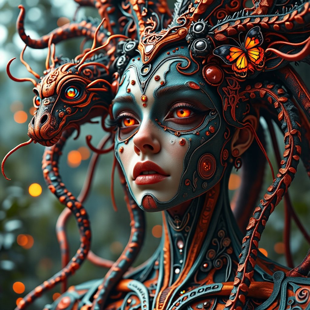 violent insanity hallucination,  kaleidoscope vision ritual conjurer eerie kaleidoscope-eyed creature in meadow,  bokeh by...