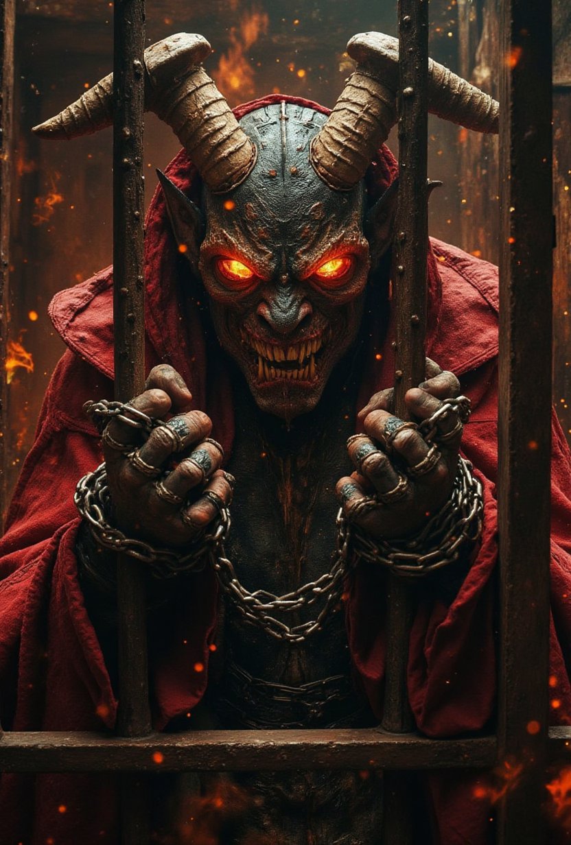 Realistic portrait of Demon imprisoned by a supernatural fortrace,  shackled with chains,  in a overly secured lether suit...