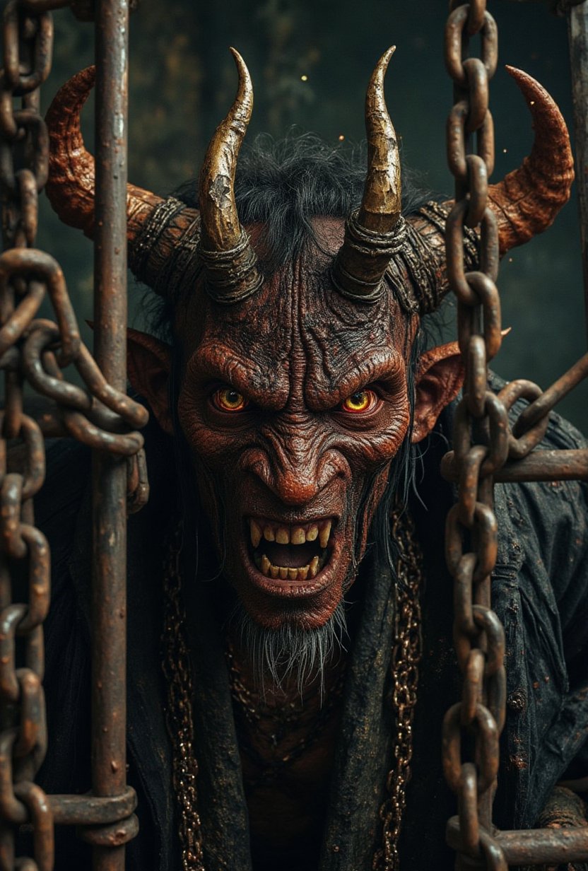 Realistic portrait of Demon imprisoned by a supernatural fortrace,  shackled with chains,  in a overly secured lether suit...