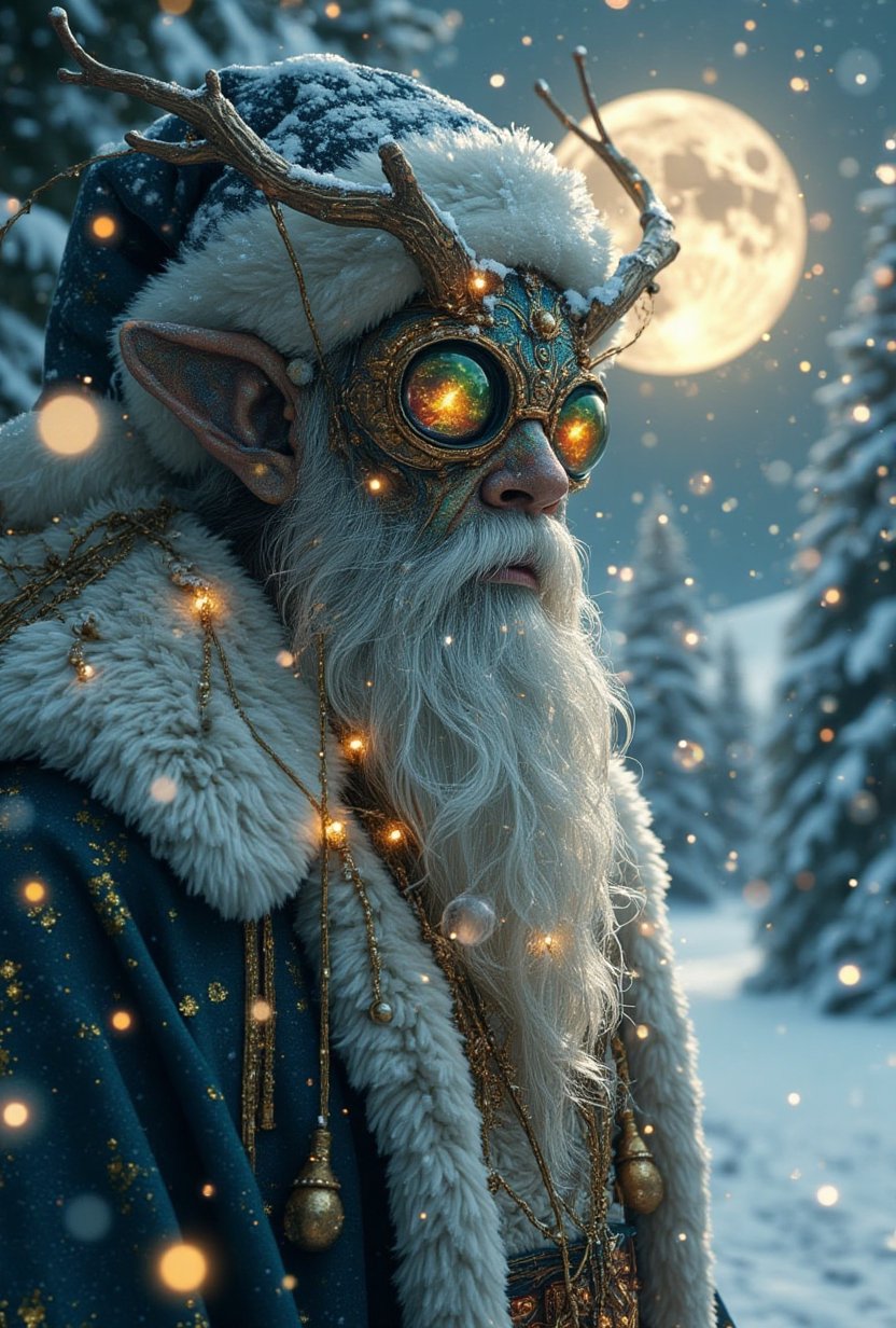 Design a stunning,  surreal Christmas scene blending festive warmth with cosmic mystery. At the center is an alien-like Sa...