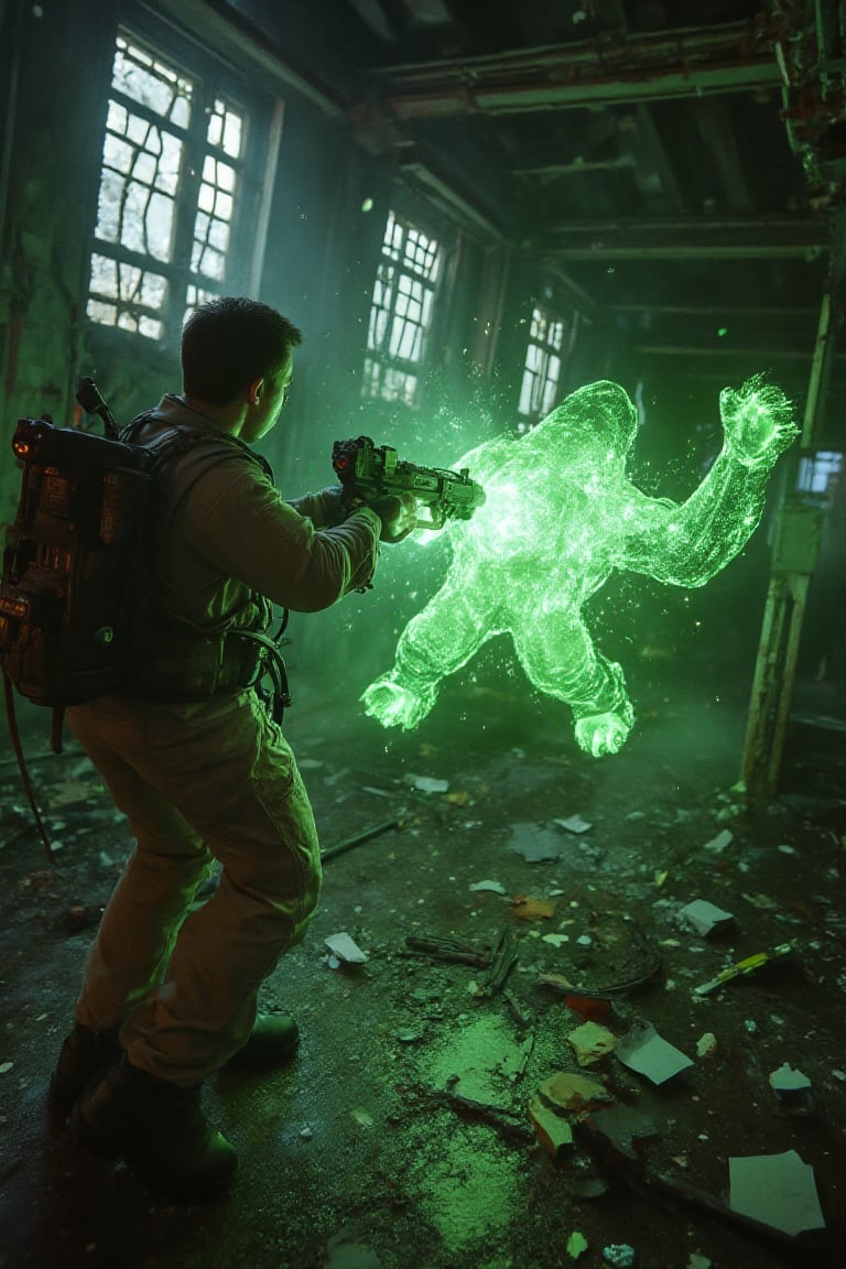 An over-the-shoulder angle of a Ghostbuster wearing a classic jumpsuit,  gripping a proton pack gun aimed at a glowing,  s...