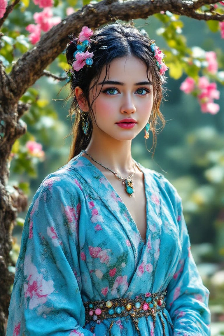 Sanny Liyon is wearing a blue green and pink pinkmix color outfit,  half her stone has been removed,  and she is looking e...