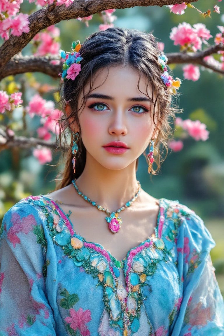 Sanny Liyon is wearing a blue green and pink pinkmix color outfit,  half her stone has been removed,  and she is looking e...