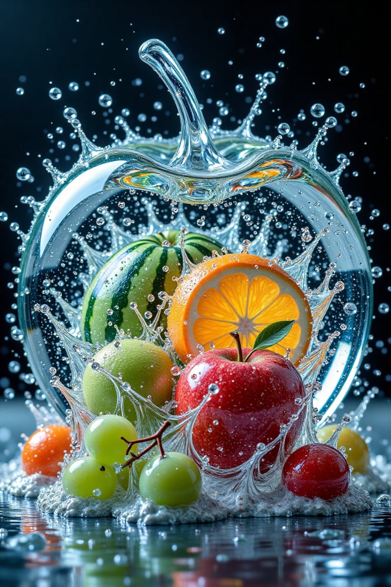 A fantastic close-up macro shot of various fruits made entirely of water,  each fruit vividly detailed and transparent. Th...