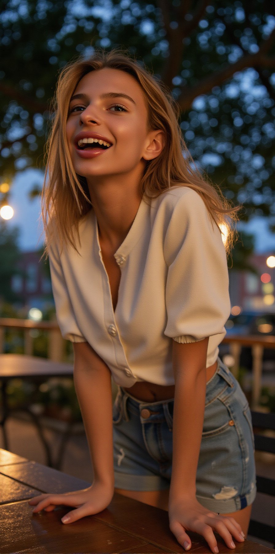 Downblouse photo of a girl by the table in street cafe,  evening,  button-up blouse by user_810715493035038741 on Tensor.Art