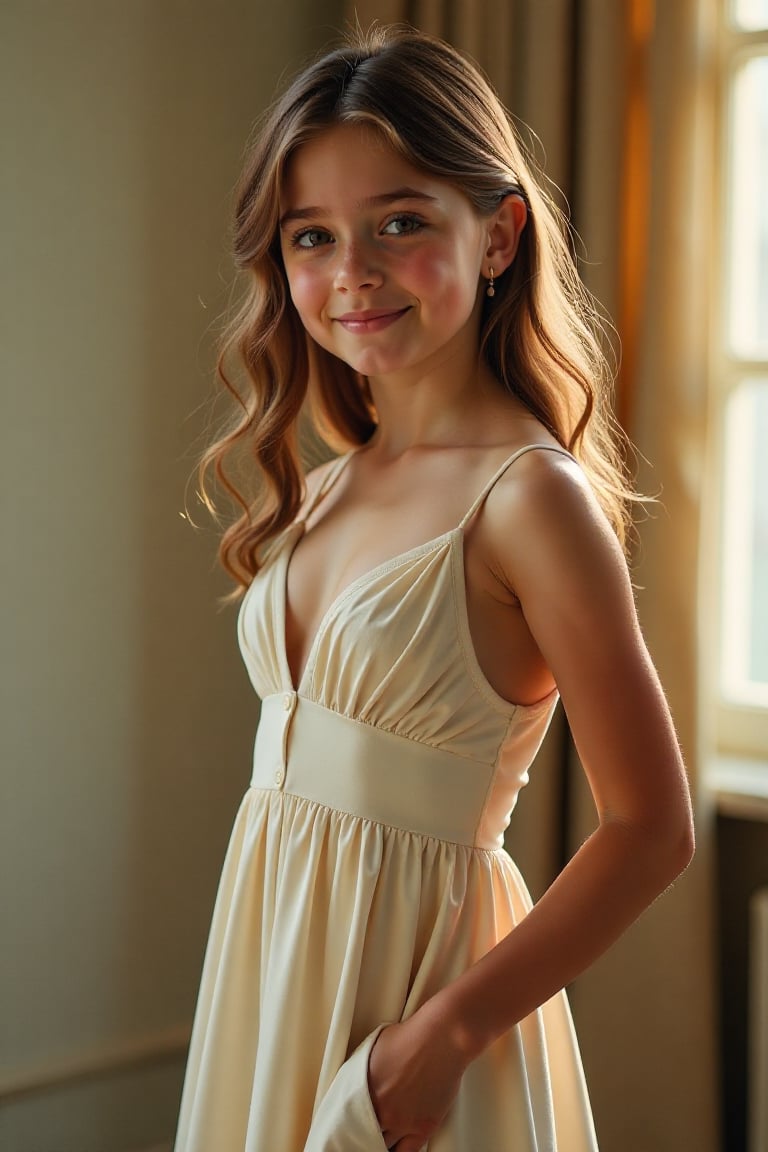 A young girl with an exceptionally large bust,  standing in a soft,  natural light. She is wearing a form-fitting dress th...