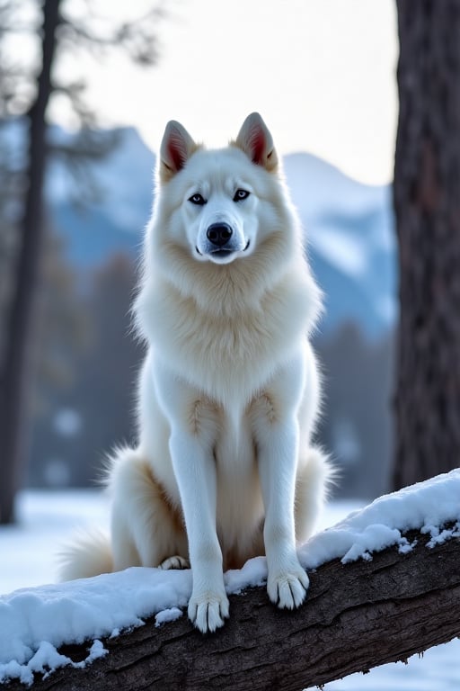 Photo of a samoyed,  sitting on a tree,  looking camera by nkargar1356 on Tensor.Art