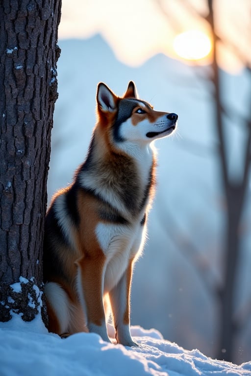 Photo of a Canis lupus,  sitting on a tree,  looking up by nkargar1356 on Tensor.Art