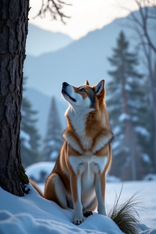 Photo of a Canis lupus,  sitting on a tree,  looking up by nkargar1356 on Tensor.Art