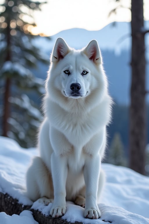 Photo of a samoyed,  sitting on a tree,  looking camera by nkargar1356 on Tensor.Art