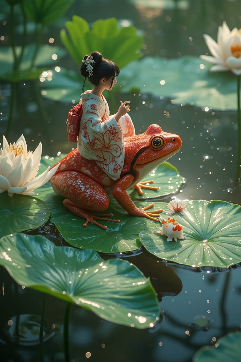 10 small red frogs stands on a left wit dew drops with a Japanese lady in a kimono sitting on its back,  on a Lilly pad wi...