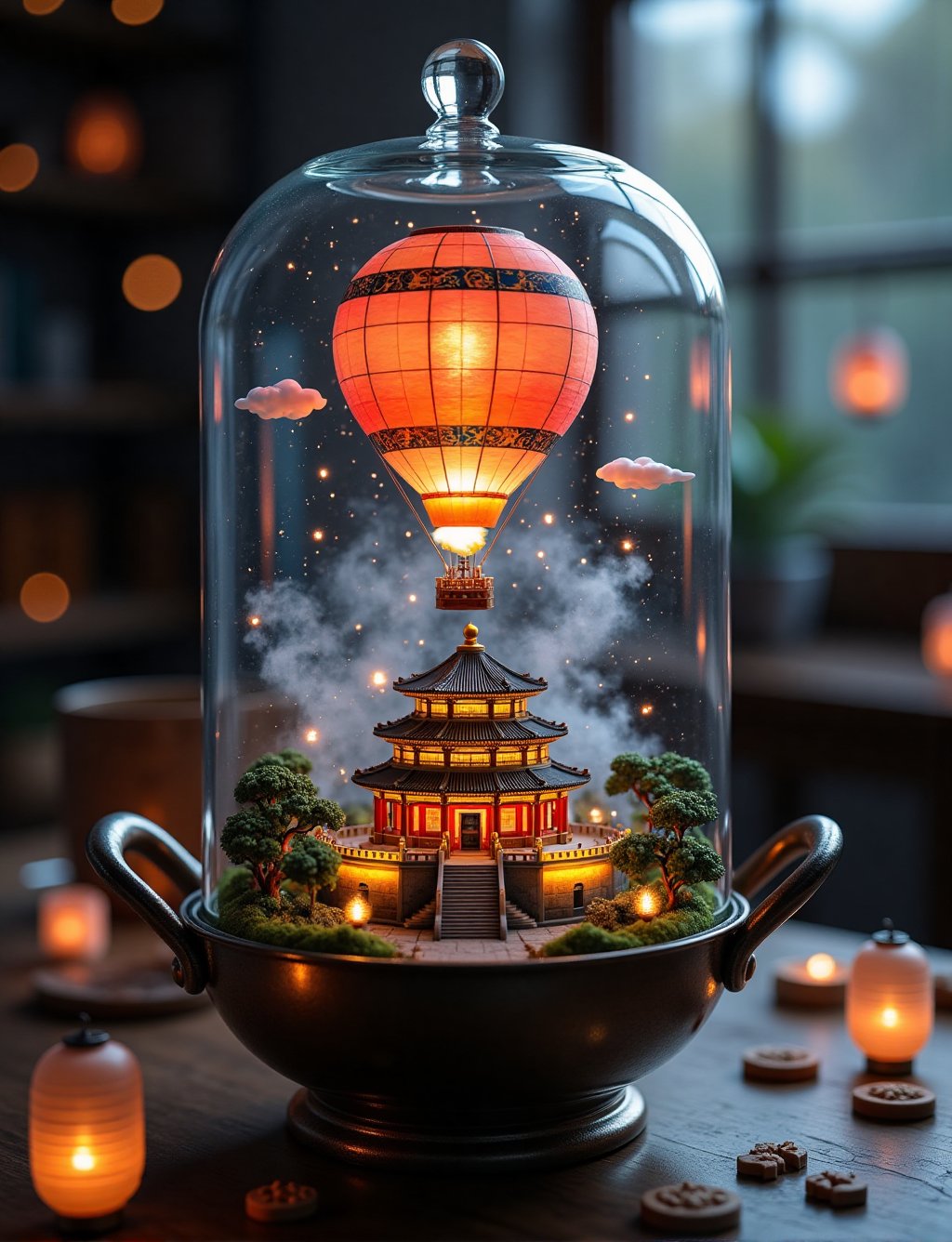 A mystical glass bell jar terrarium sits atop a sleek metal base in a Chinese one handle wok with noodles,  cradling a vib...